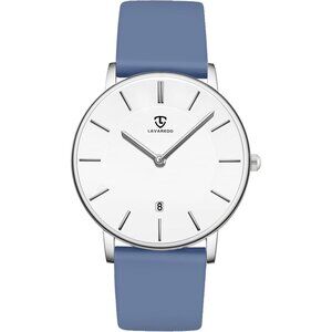 Men's Dark Blue White  Leather Strap Analog Minimalist Simple Buckle Wrist Watch